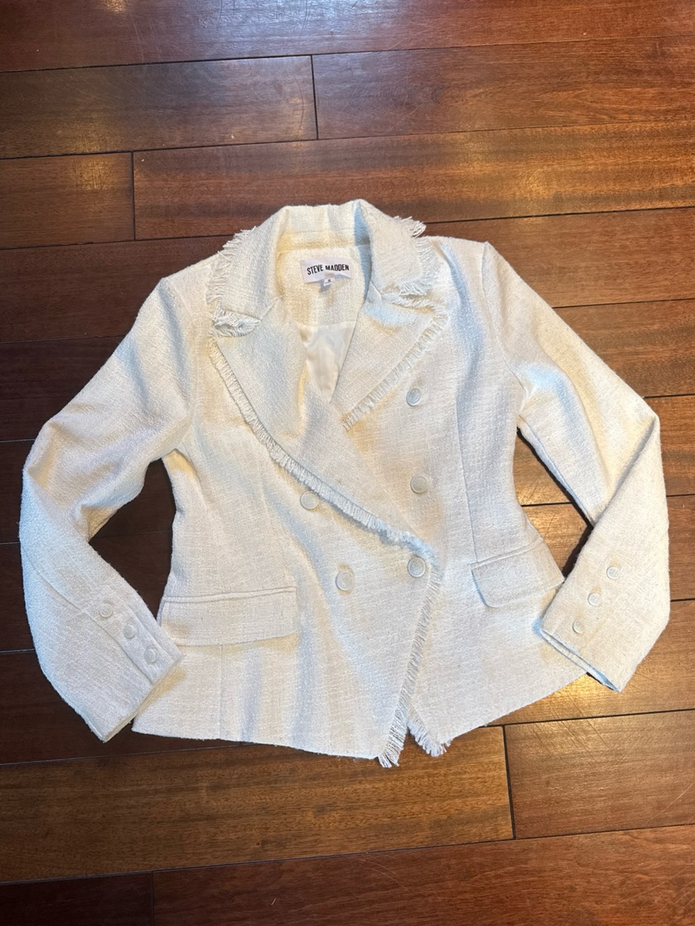 Steve Madden Women's White Fringe Tweed Double-Breasted Blazer Small